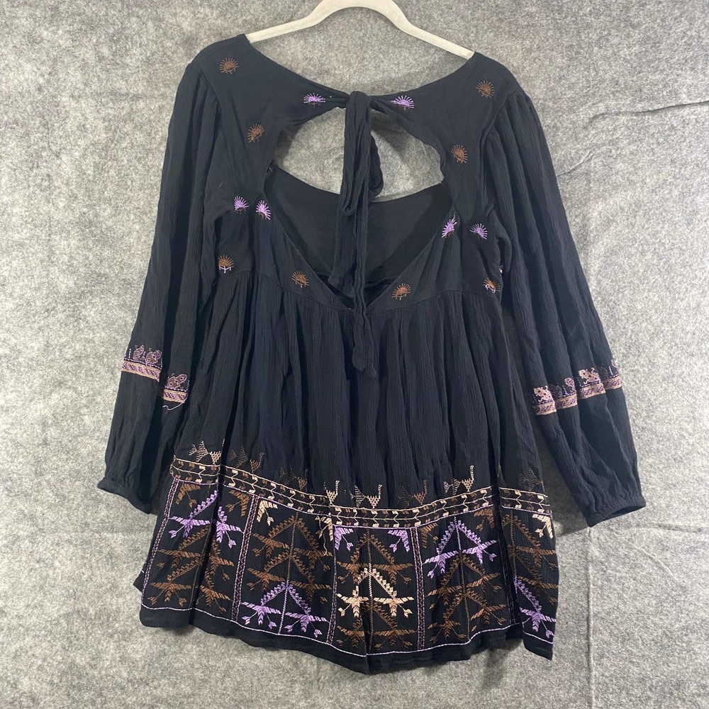 Free People Dress XS Black Purple Embroidered Long Sleeve Mini Rhiannon - Picture 2 of 11